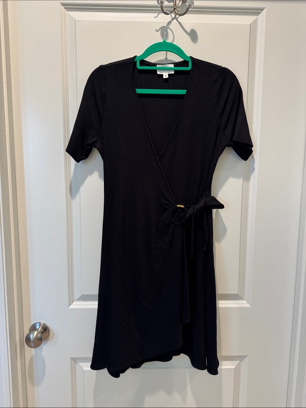 Black Short-Sleeve Wrap Midi Dress with Side Tie